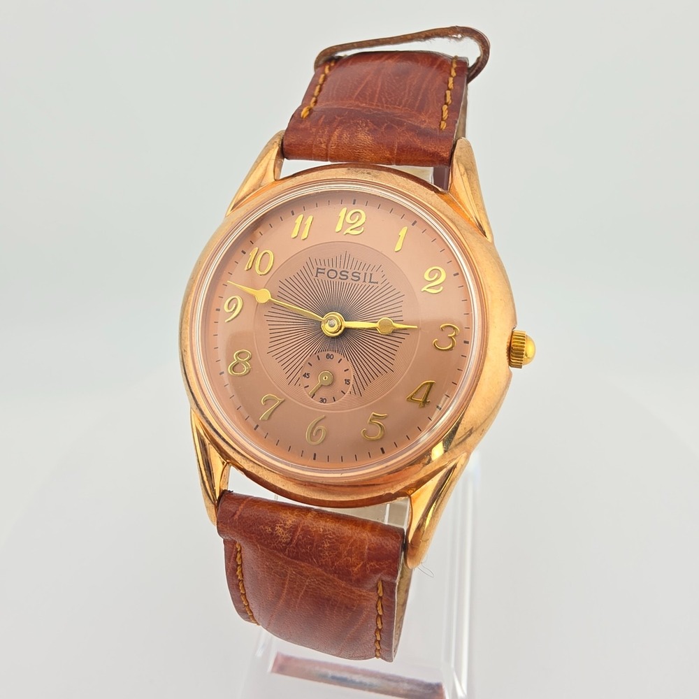Vtg 1990 FOSSIL Mens Watch TM-7289 Rose Gold Dial Brown Leather Gold Plate 7.75"
